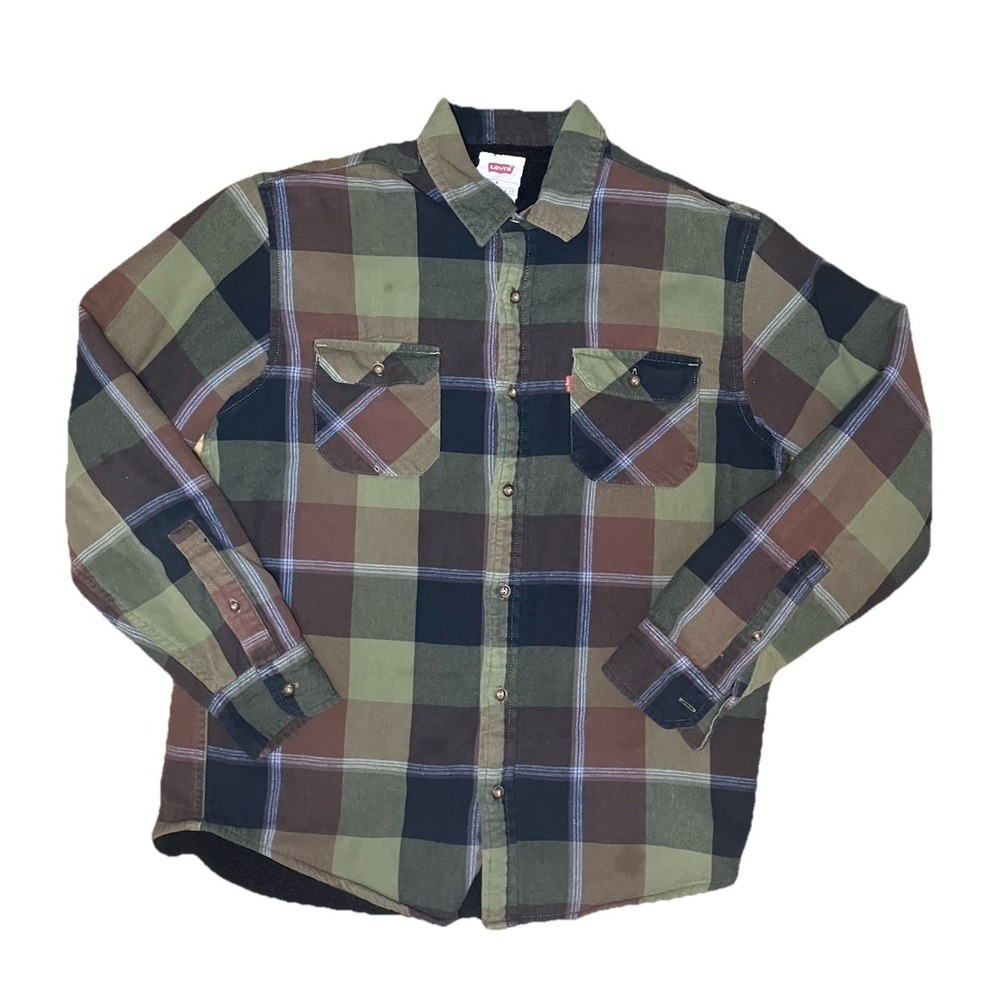 Levi Strauss Sherpa‎ Lined Flannel Shirt/jacket Button Up In Green Men's Sz M